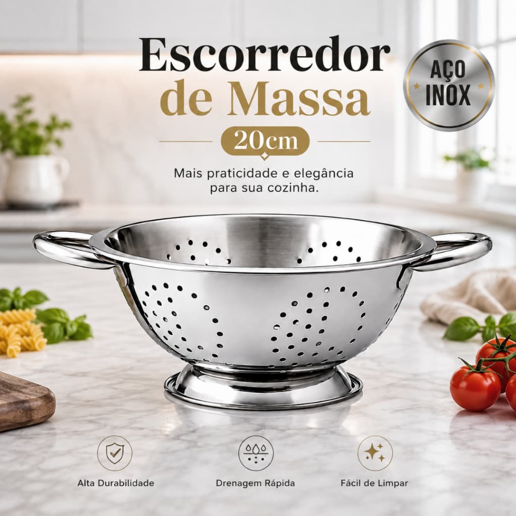 Escorredor de Massa Macarrão Aço Inox 20cm com Alças Resistente para Cozinha