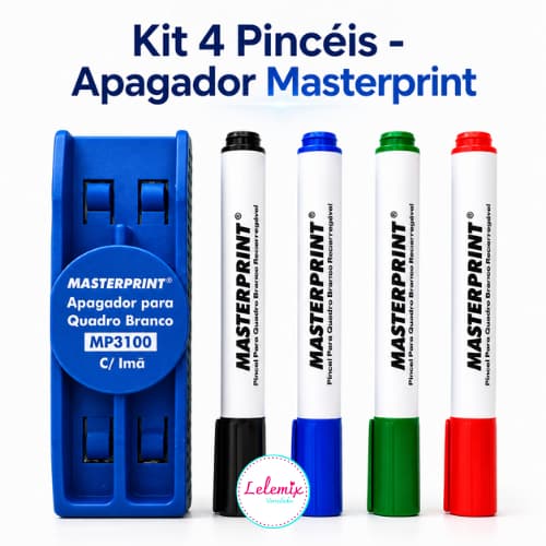 Kit Caneta Pincel Lousa Quadro Branco Recarregáveis 4 Cores + Apagador Imã Quadro Branco Masterprint