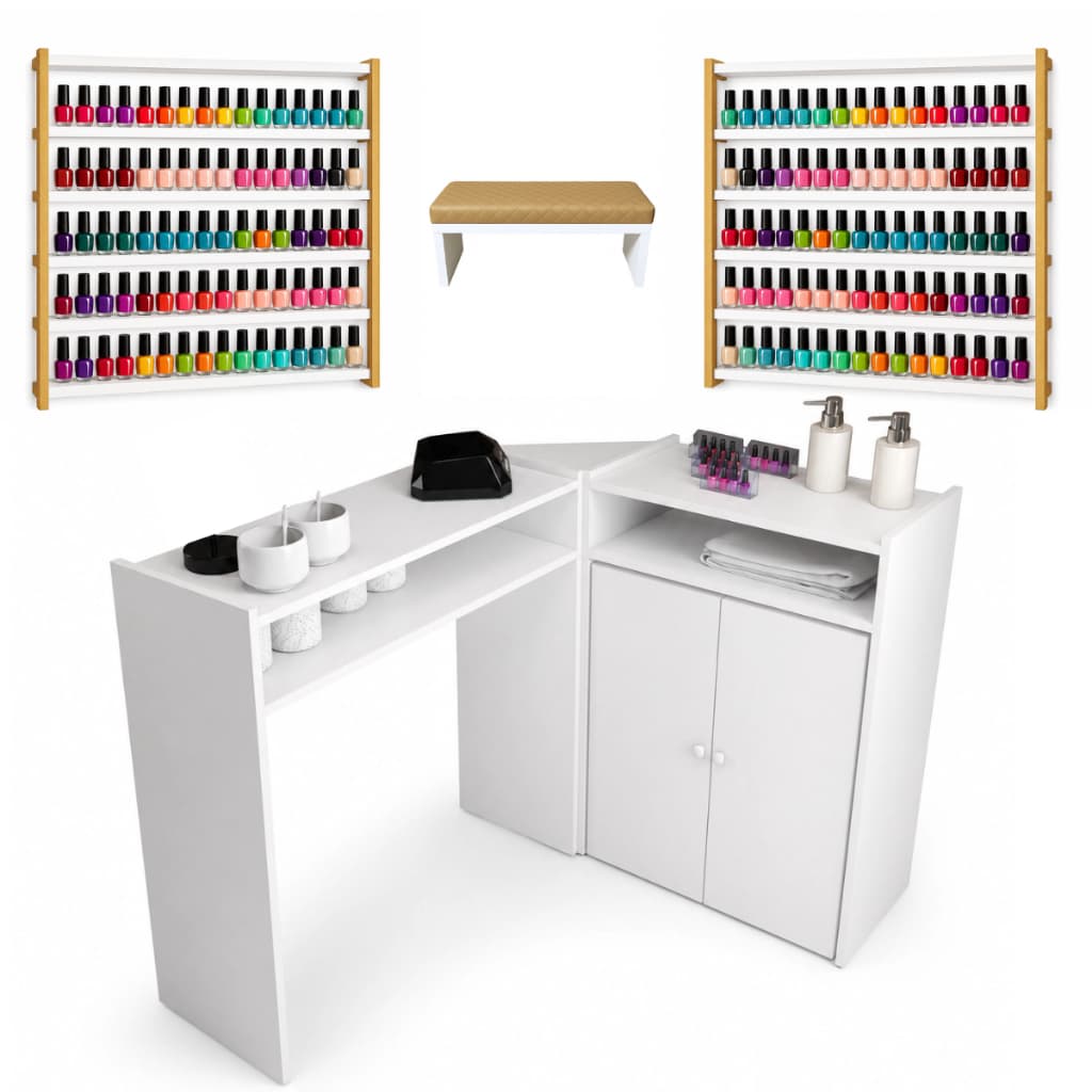 Mesa Manicure Kit Em L Com Armário Portas + 2 Esmalteria Grande Em Metalon + Apoio De Mãos Unhas Gel