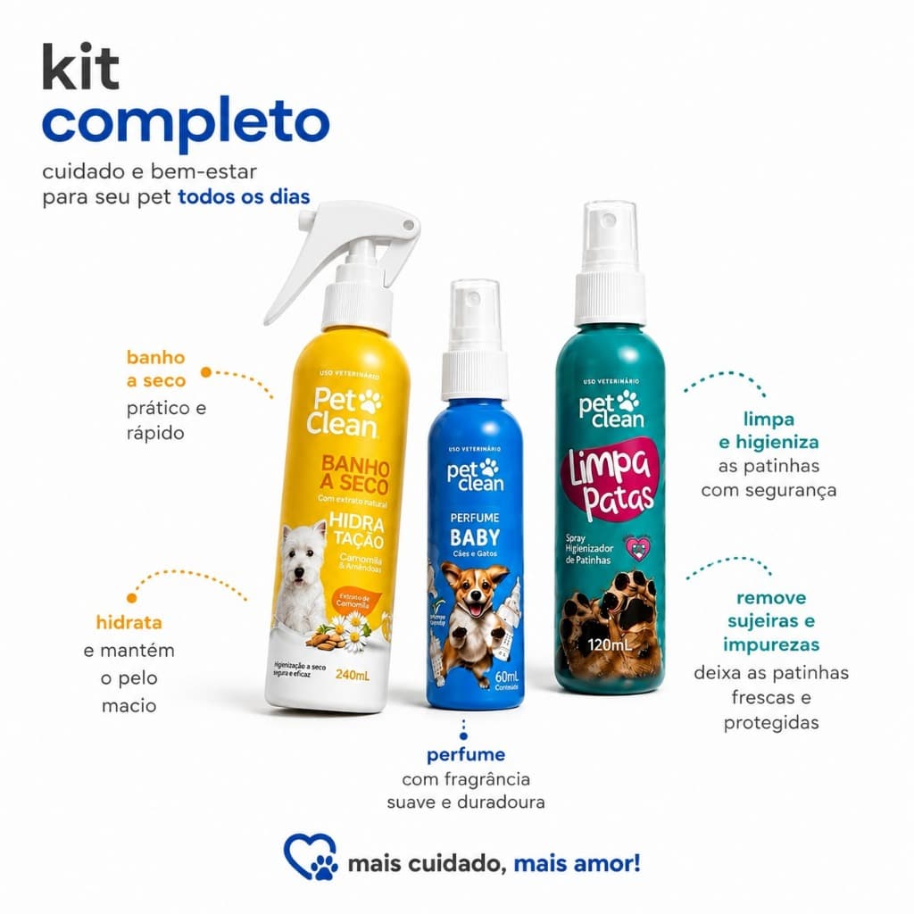 Kit Higiene Pet Banho a Seco + Limpa Patas + Perfume Baby para Cães e Gatos Pet Clean