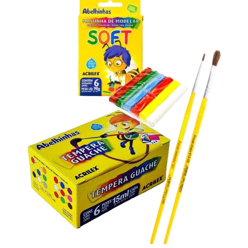 Tinta Guache Acrilex 6 Cores 2 Pinceis + Massinha De Modelar 6 Cores Kit Escolar