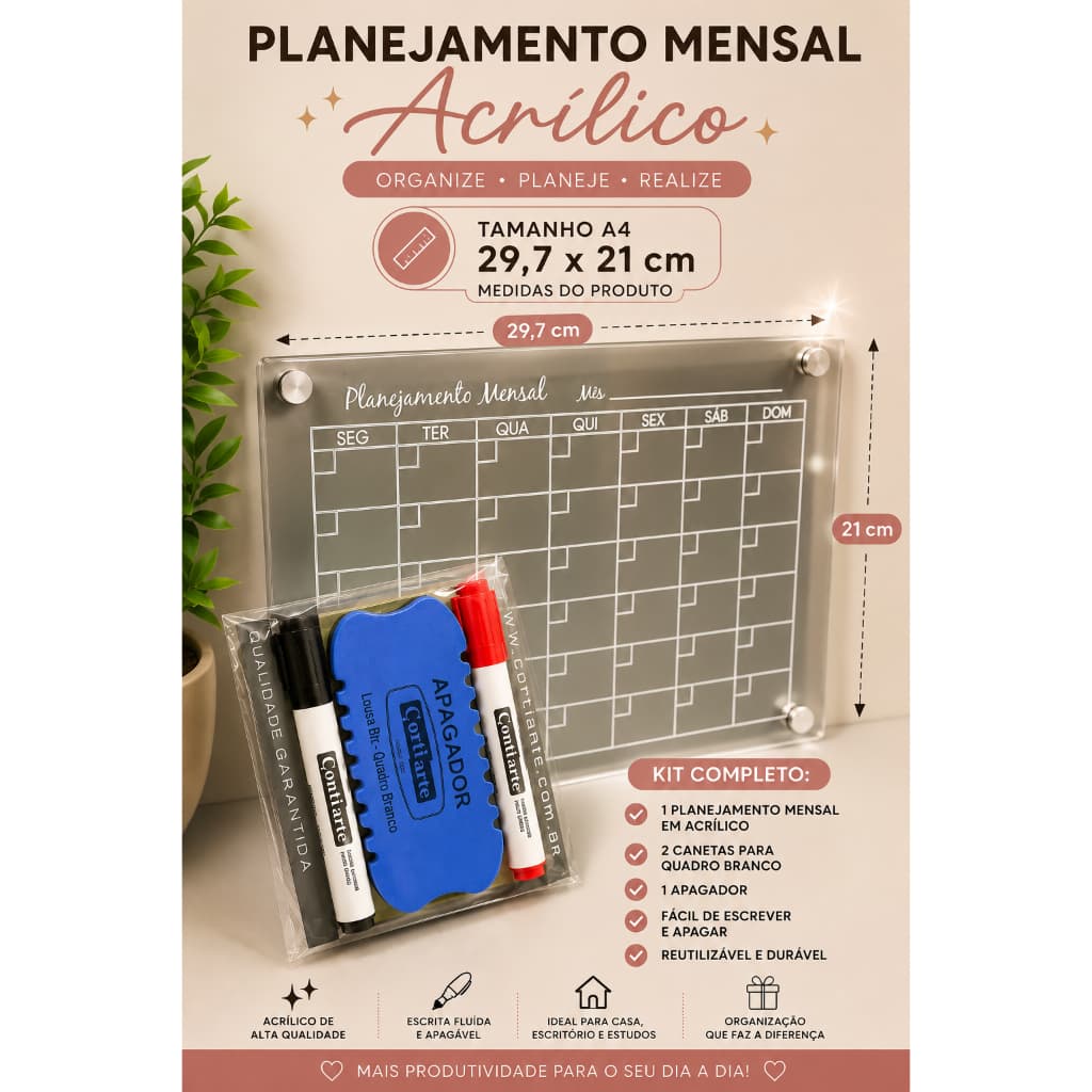 kit Quadro de planejamento de acrílico + jogo de canetas e apagador