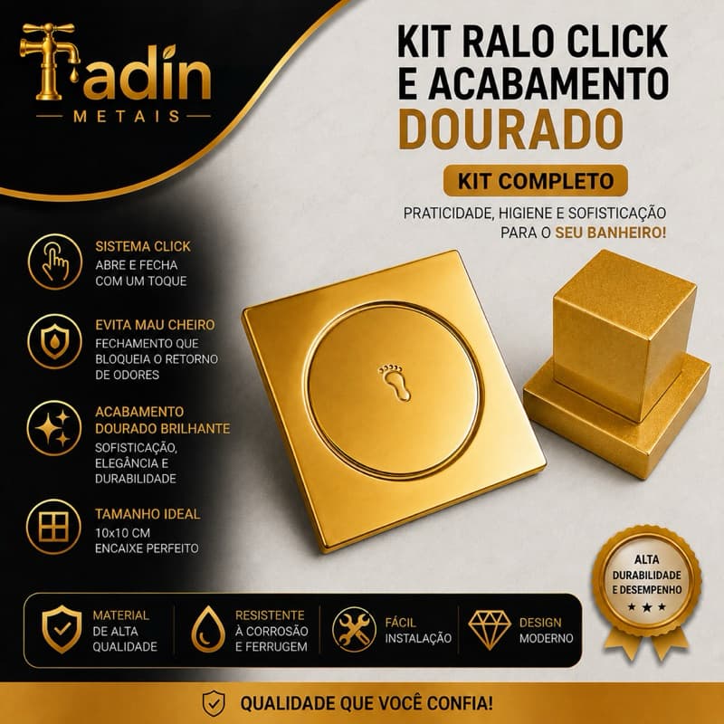Ralo click dourado + acabamento quadrado dourado
