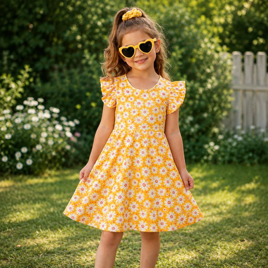 Vestido Infantil Menina Manga Curta Estampa Floral Amarelo Decote Redondo e Recorte na Cintura