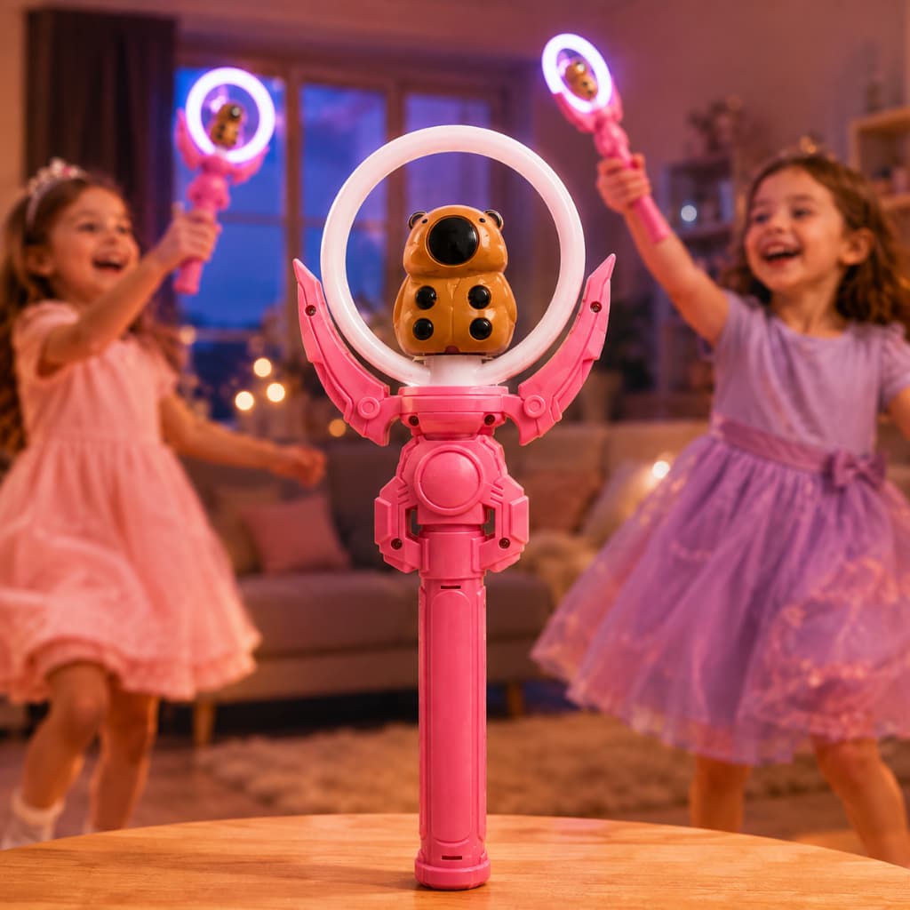 Varinha Mágica Giratória Infantil Rosa com Luz e Som Brinquedo Interativo Modelo Capivara Diversão