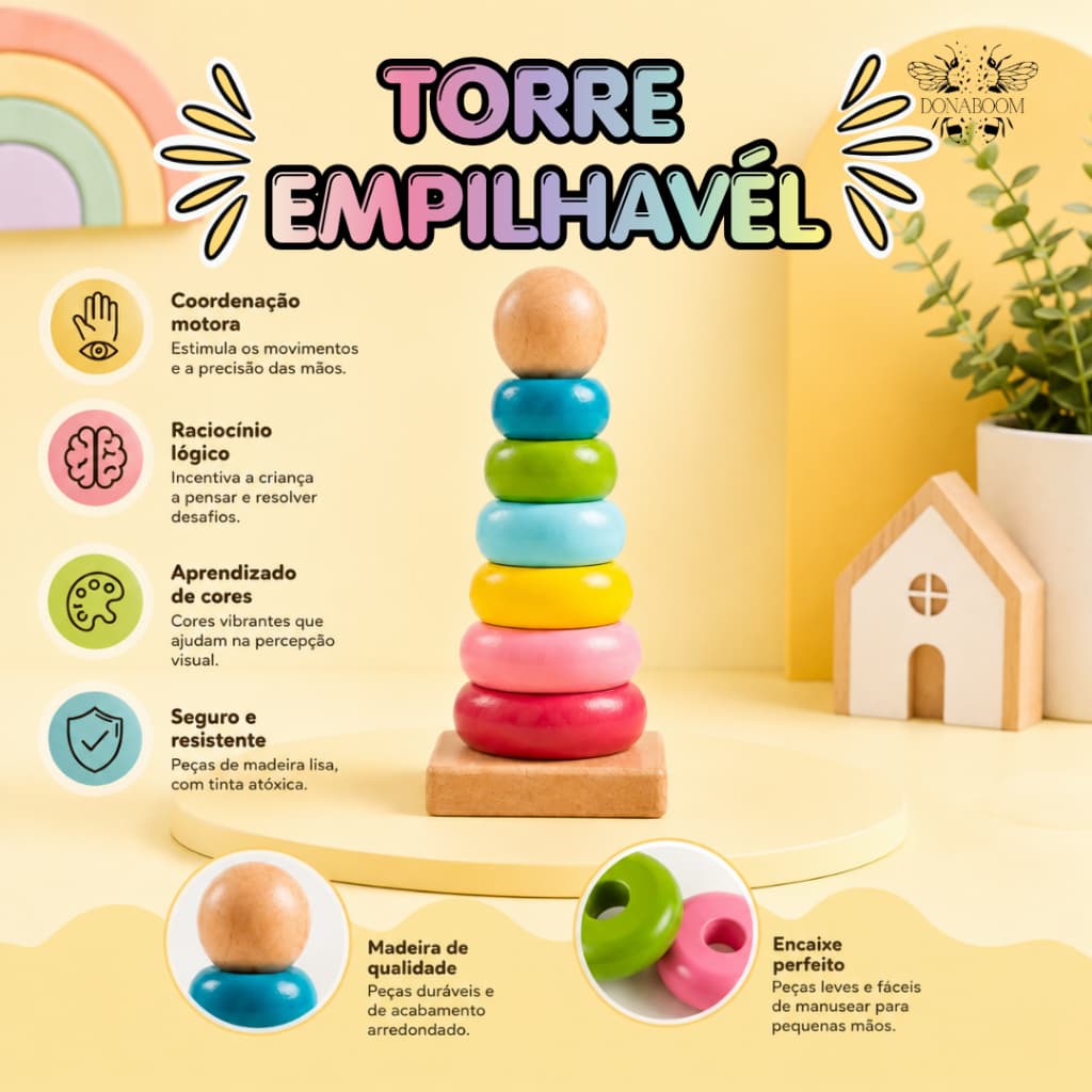 Brinquedo Educativo Torre de Madeira de Encaixar Brinquedo Pedagógico Colorido Brinquedo Criança Bebê