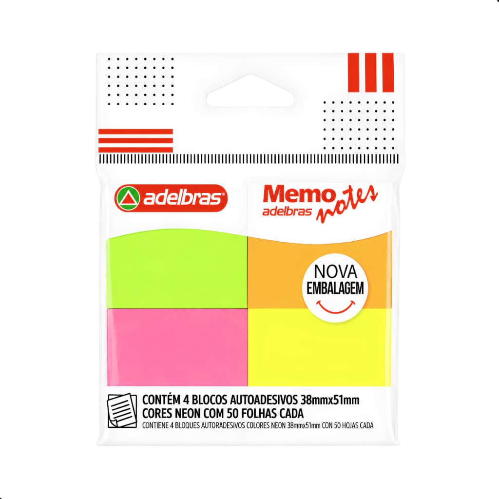 Post it Adelbras 4 Cores Neon Blocos Com 50 Folhas Cada 38x51mm Total 200 Folhas Bloco De Recado