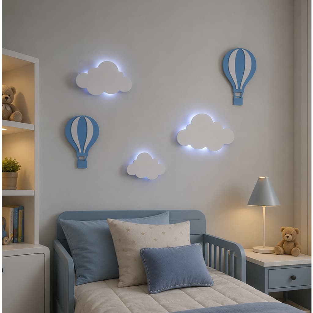 Kit de luminárias  2 Balão e 3 Nuvens Decorativas em MDF com LED – Quarto Infantil Bebê