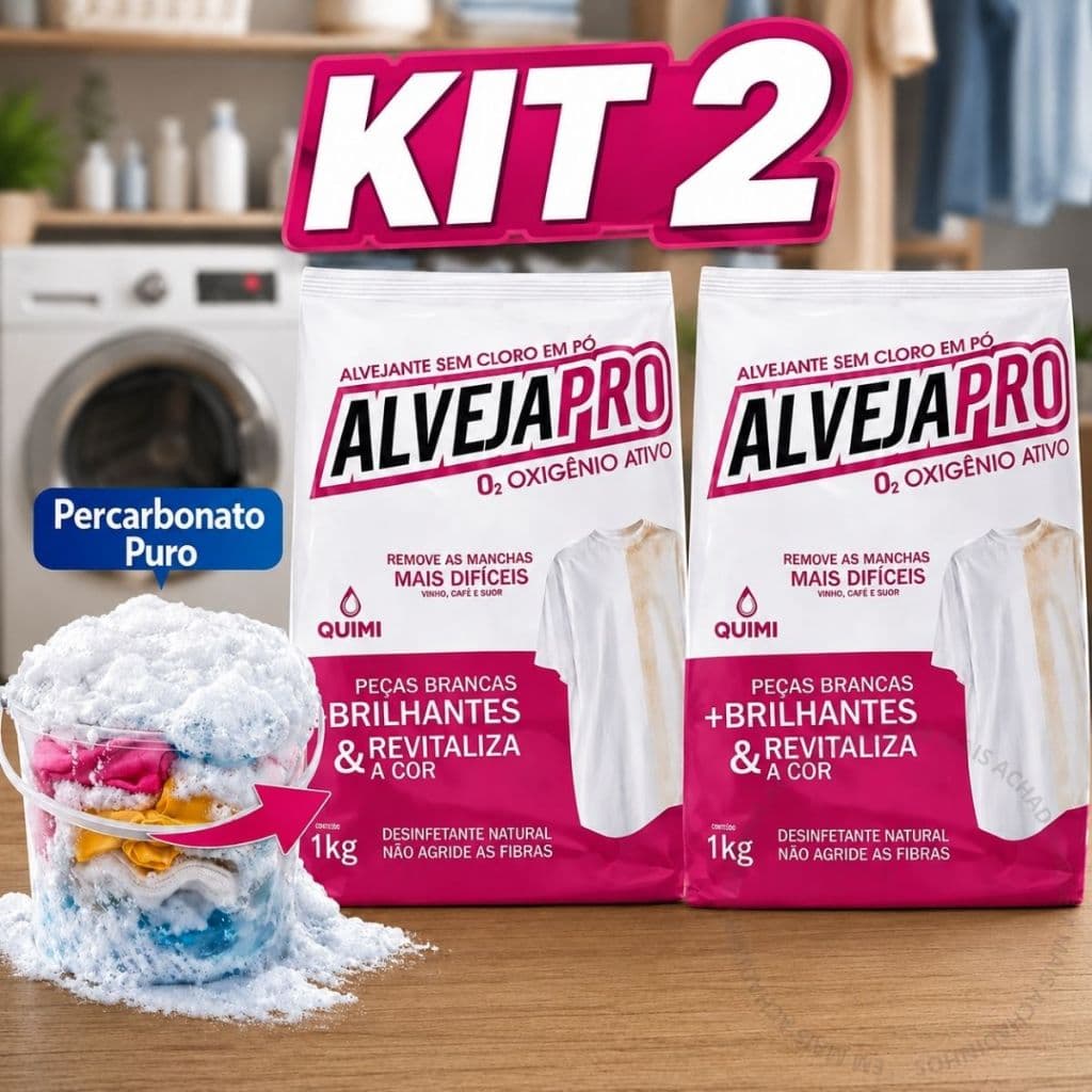 Kit 2 kg Percarbonato De Sódio 100% Puro AlvejaPro Para Tira Manchas Difíceis E Clarear Roupas Sem Cloro