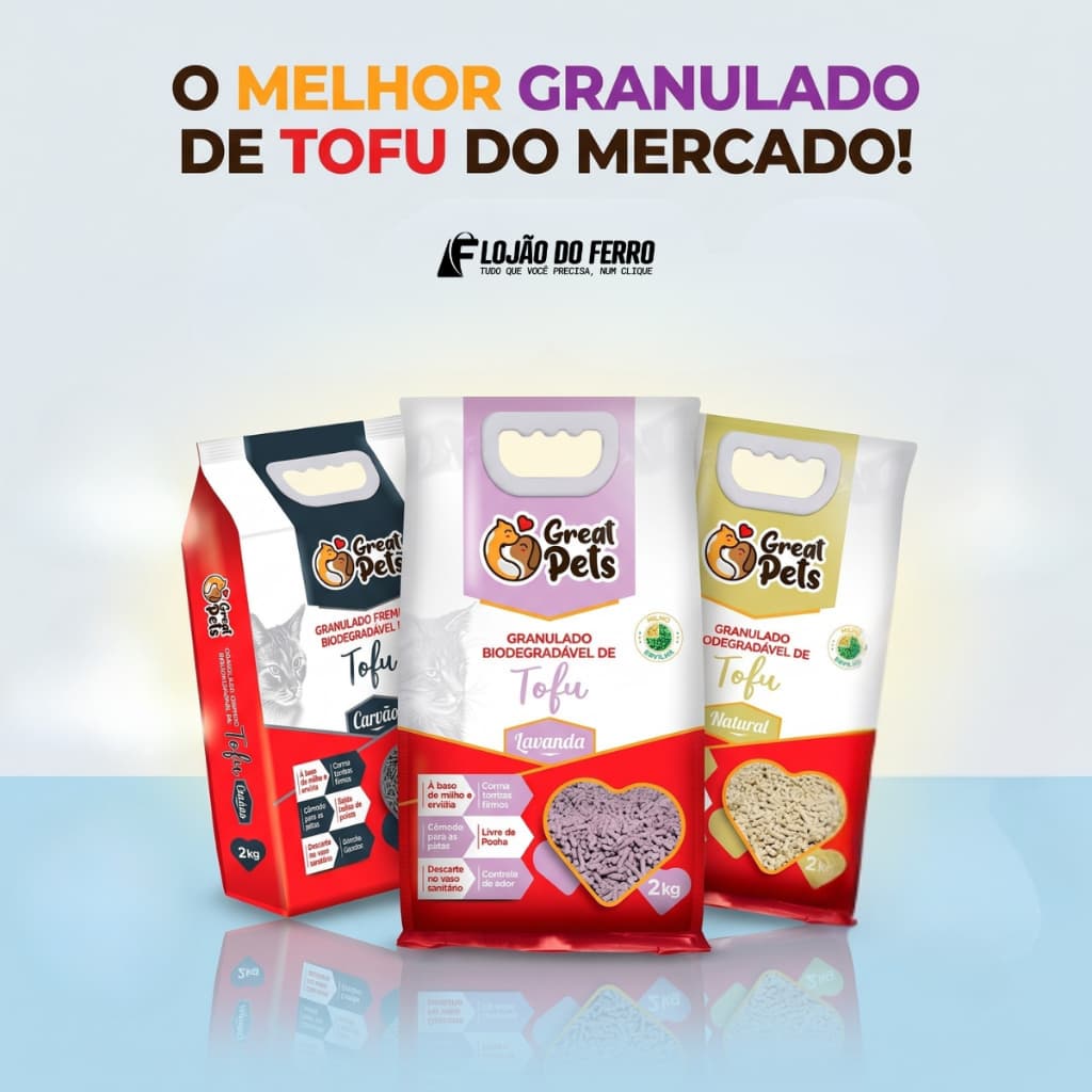 Areia Gatos Tofu 2kg Granulado Biodegradável Higiênico Natural Lavanda e Carvão Great Pets