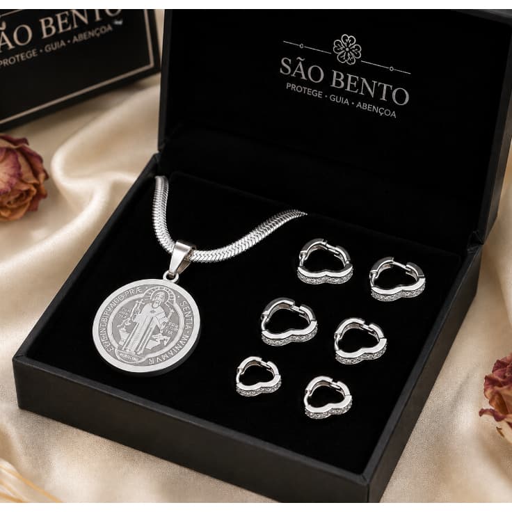 Conjunto Colar São Bento e Brincos Coração Cravejados Elegante Presente Feminino