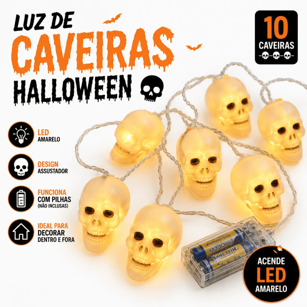 Luminária Decorativa Caveira Olhos ou Teia de Aranha Para o Halloween LED 1,80 metros Com 10 Luzes