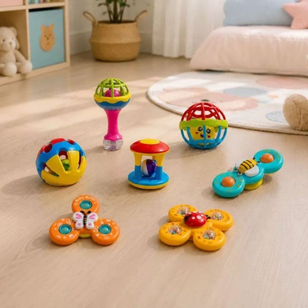 Kit 7pcs Brinquedo Chocalho Soft Macio Silicone Para Bebes Bolinha Halter Chocalho Dutoys