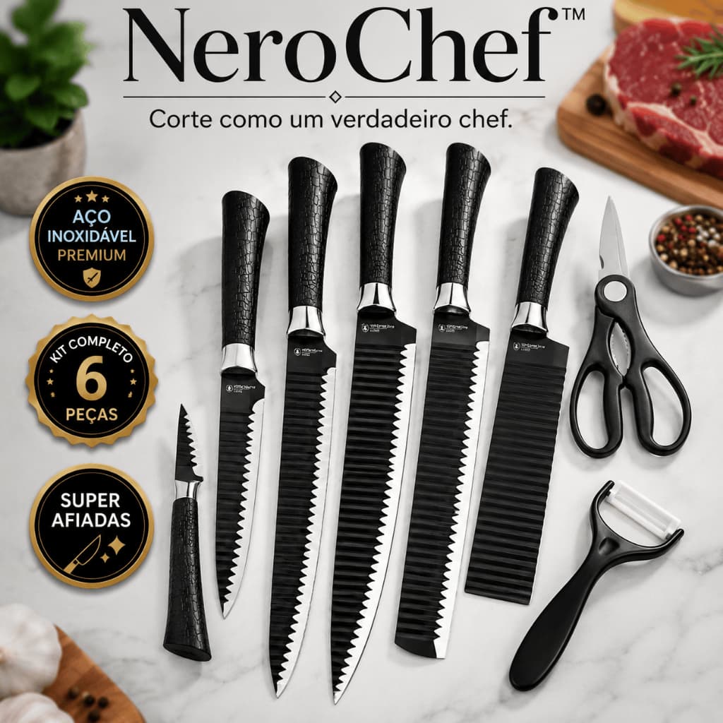 Jogo De Facas Chef 6 Peças Profissional Aço Inox Preto Premium Kit Cozinha Churrasco Com Tesoura e Descascador