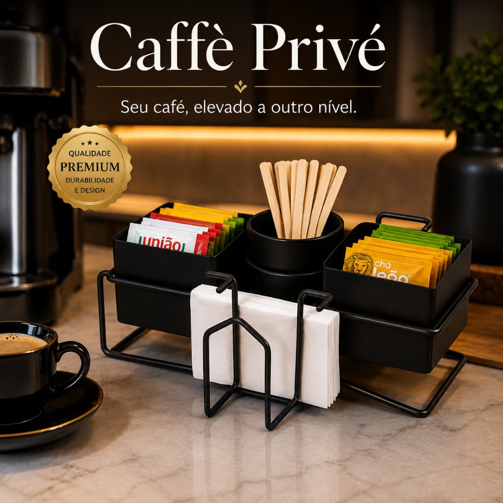 Organizador de Café e Chá Porta Sachês Açúcar Guardanapos Preto Multifuncional