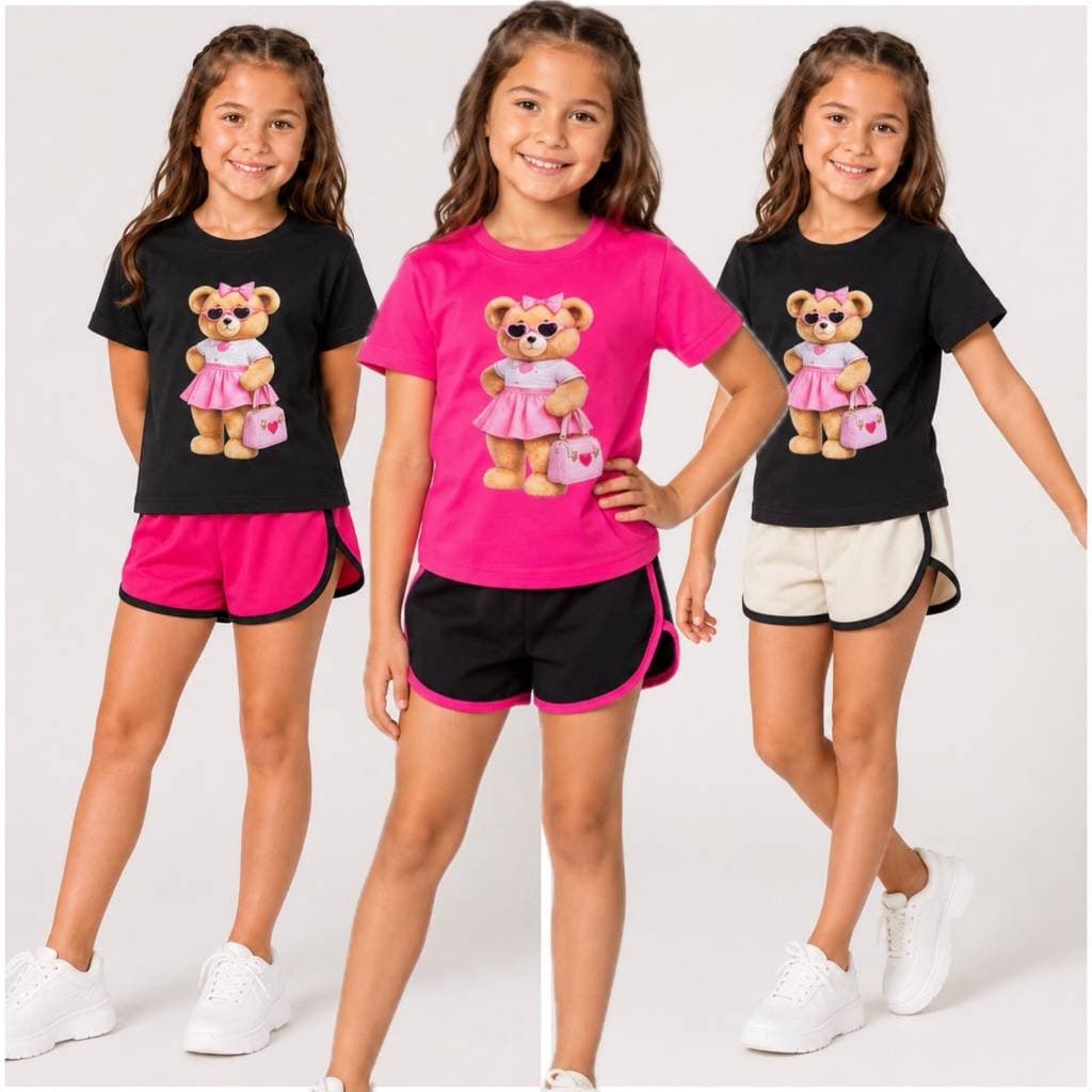 Conjunto Infantil Menina  Fofo De Ursinho Camiseta E Short Estilosa Blogueirinha Verão 2 ao 14