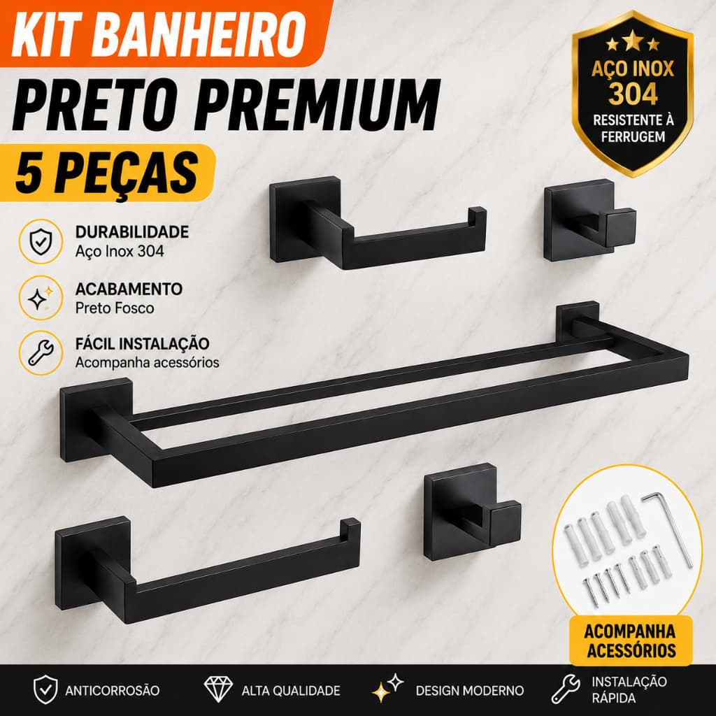 60cm Toalheiro De Banheiro Inox 304 Quadrado Luxo Acessórios Para Banheiro Completo【5 Peças】