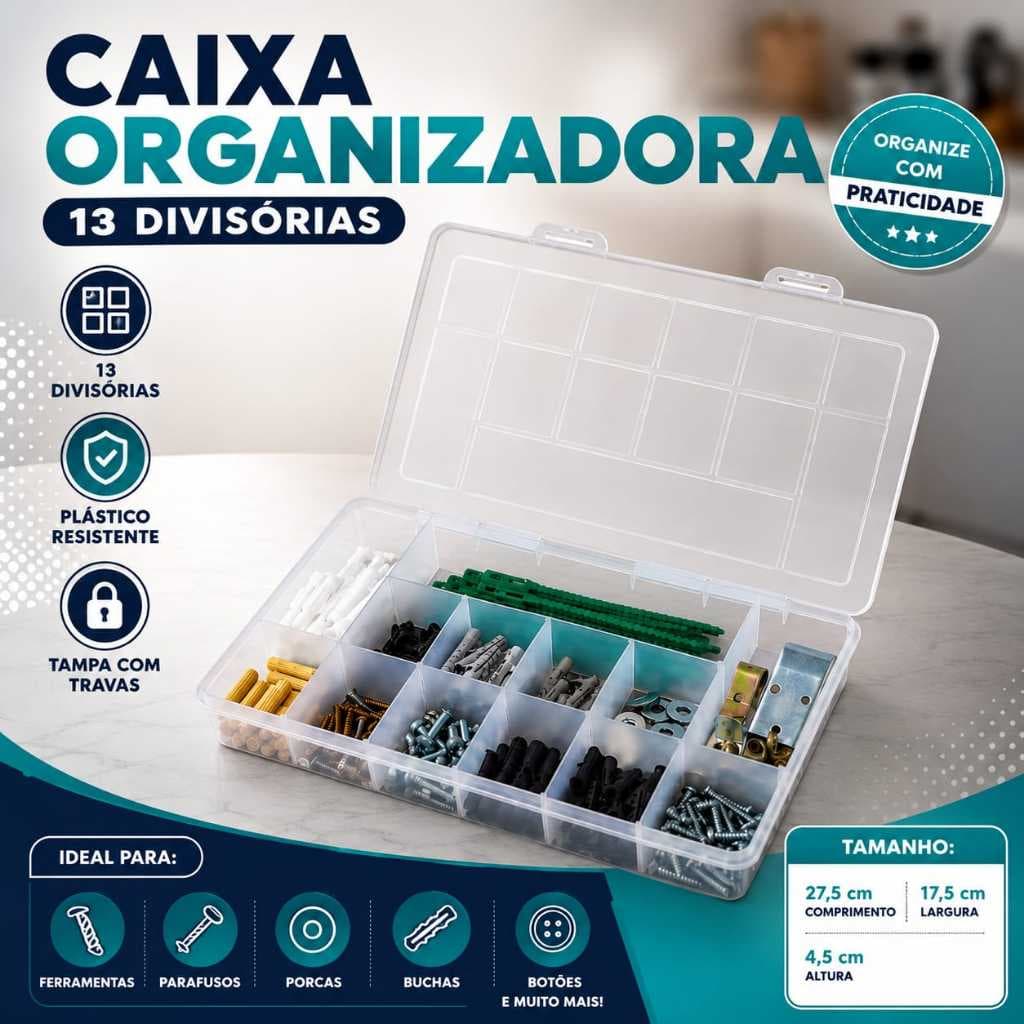 Caixa Organizadora De Plastico Com Tampa E Travas 13 Divisorias Ferramentas Objetos Pequenos Caixa Organizadora