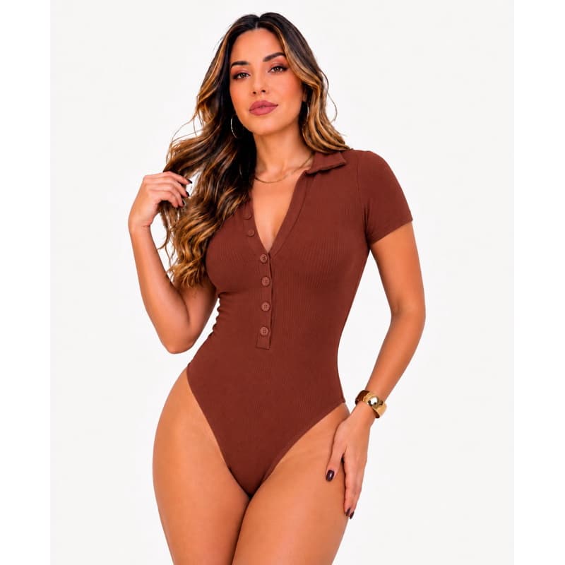 Body Feminino Gola Polo com Botões Manga Curta Canelado Justo Decote V Básico Elegante