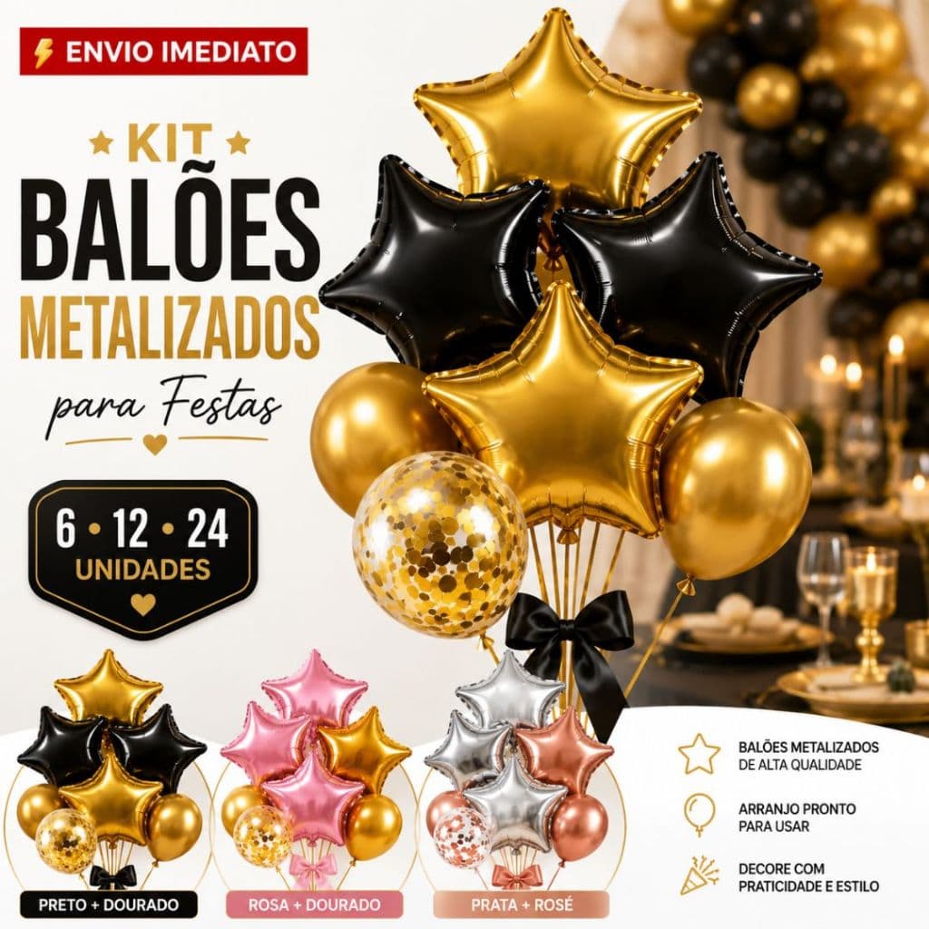 Kit Arranjo com até 24 Balão Metalizado Bexiga com Confete + Estrelas Decoração Festa Aniversário