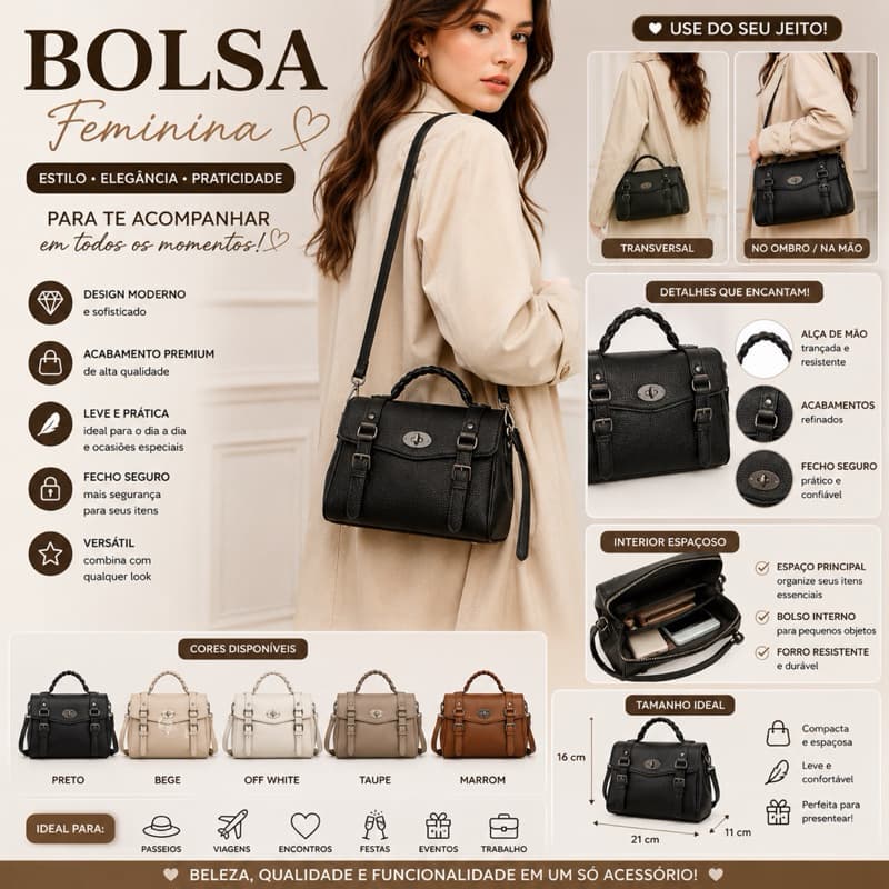 Bolsa Feminina Baú Transversal com Alça de Mão Trançada, Alça Longa e Fecho Metálico – Elegante e Versáti 2414