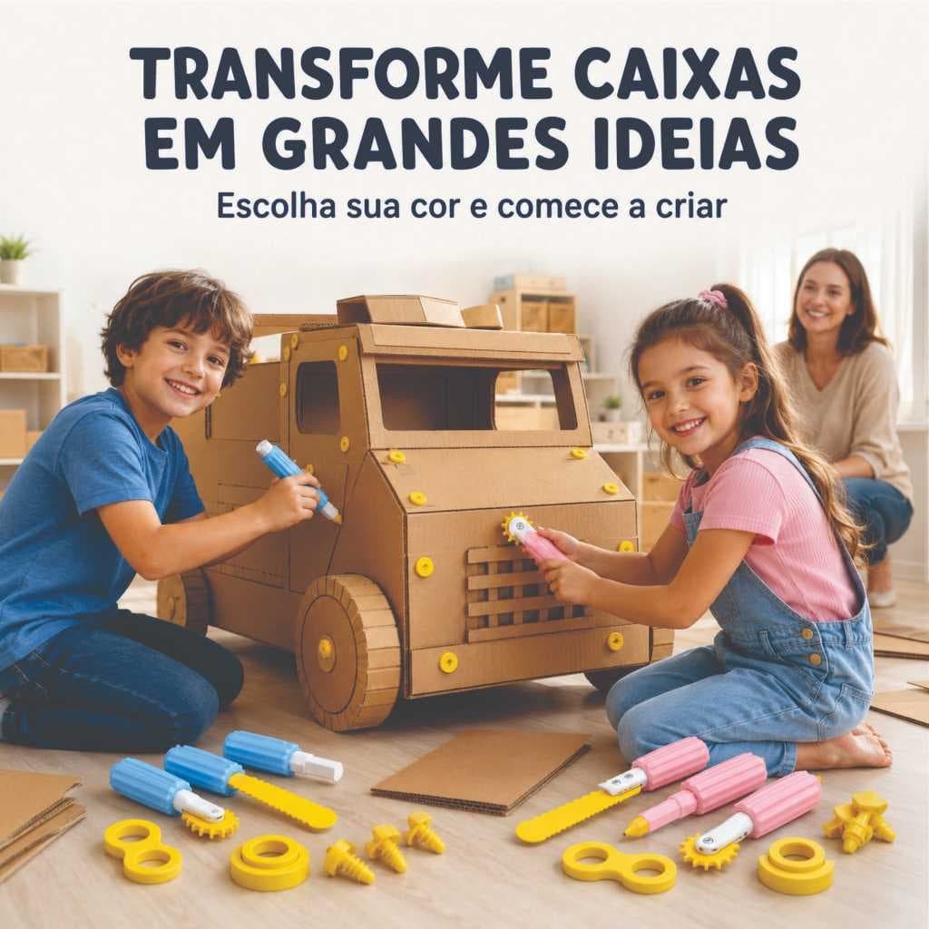 Kit 9 Peças Ferramentas Para Papelão Brinquedo Infantil Construção Criativa Menino Menina Azul Rosa