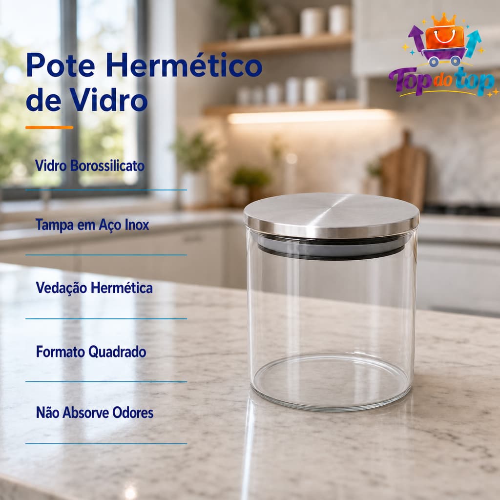 Pote Hermético Redondo Vidro Borossilicato Tampa Inox 500ml, 700ml 1,1L, 1,5L e 1,8L