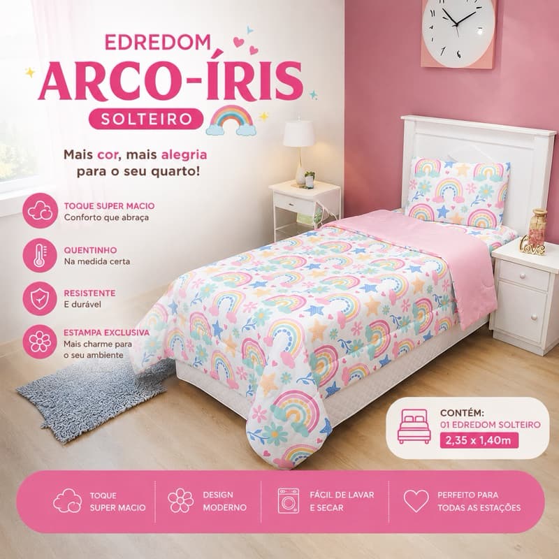 Edredom Solteiro Dupla Face Arco Íris 2,35m x 1,40m