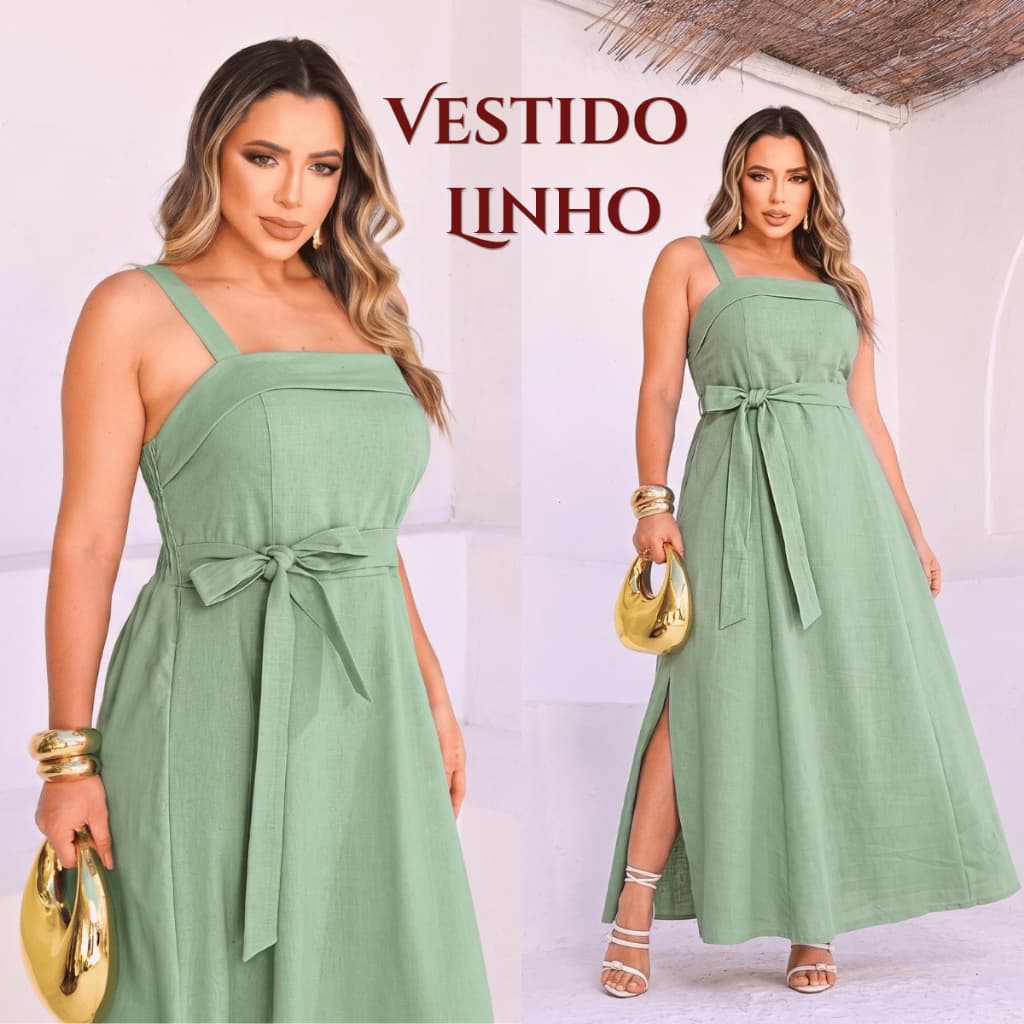 Vestido Longo Linho Elegante Confortável Feminino Alça Grossa Fenda Lateral Tendência Moda Casual