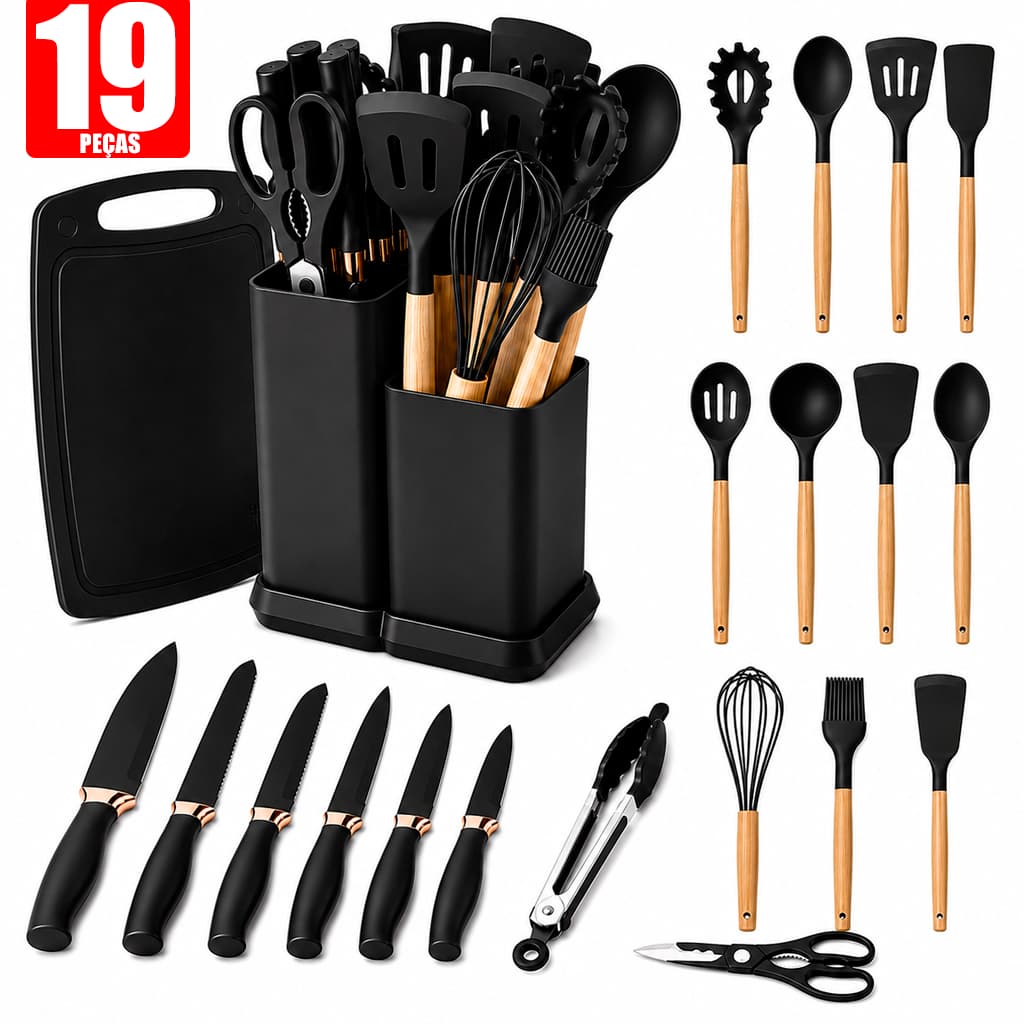 Kit 19 Peças Jogo Utensílios Suporte Organizador Para Cozinha em Silicone Com Cabo Amadeirado