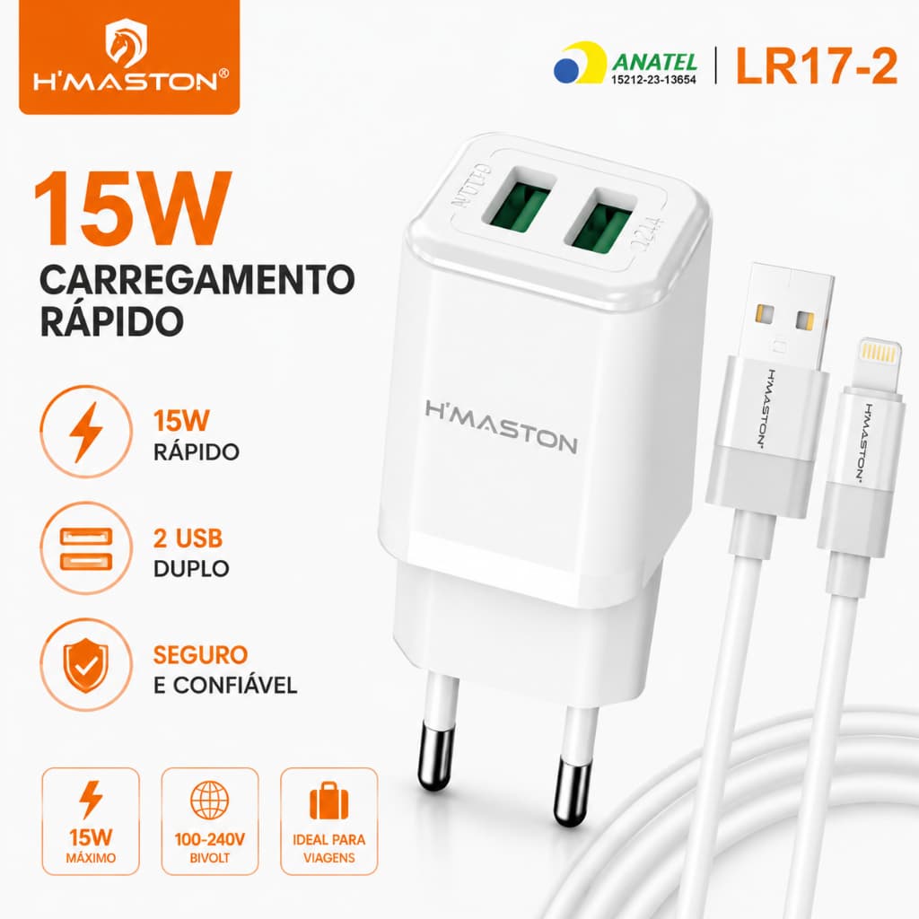 H'Maston LR17-1 Carregador USB Duplo 15W com Cabo Micro USB Carga Rápida