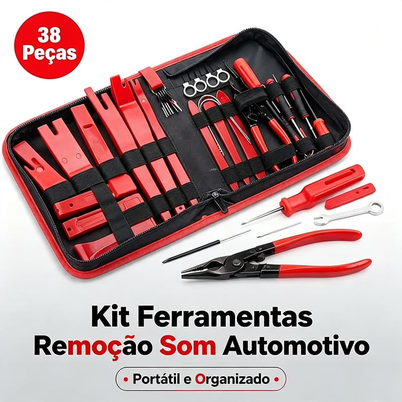 Kit 38 Peças Ferramentas Desmontagem Som Automotivo, Espátulas Plásticas, Alicate e Chaves Remoção Painel Interno Carro