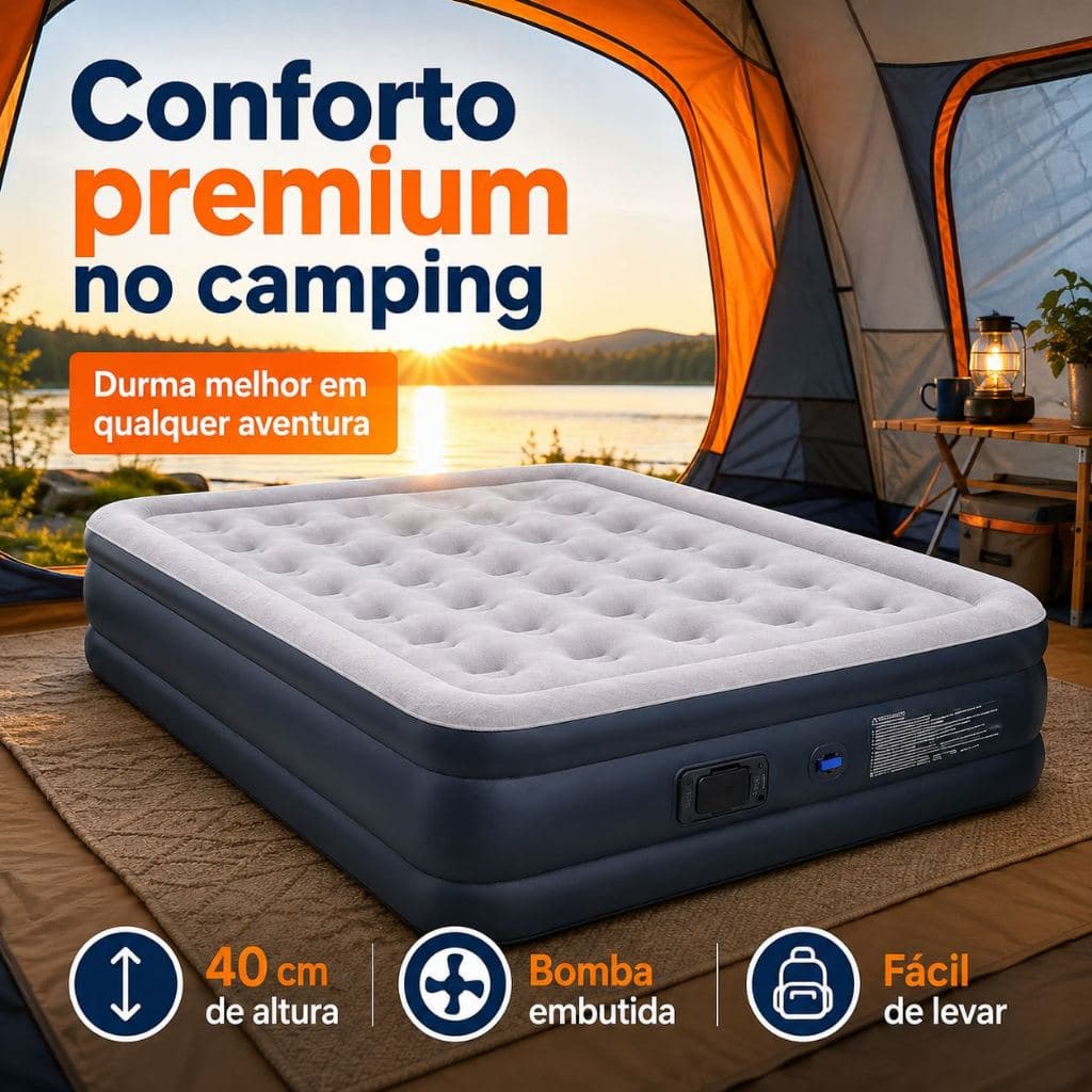 Colchão Inflável Casal 40cm Alto com Bomba Embutida Tipo C Premium para Camping Viagem e Casa