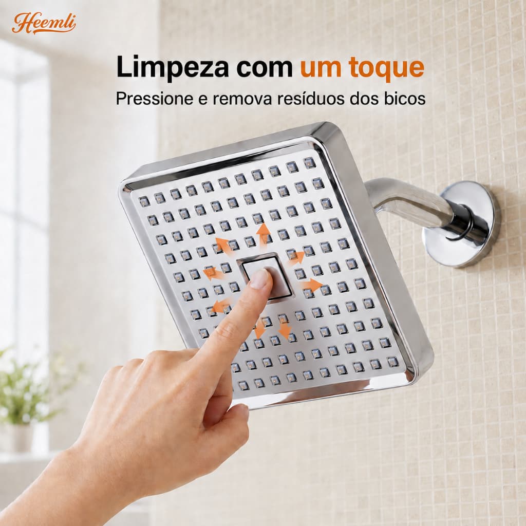Heemli Chuveiro Quadrado para Banheiro Autolimpante 15 cm Alta Pressão com Bicos de Silicone Anticalcário