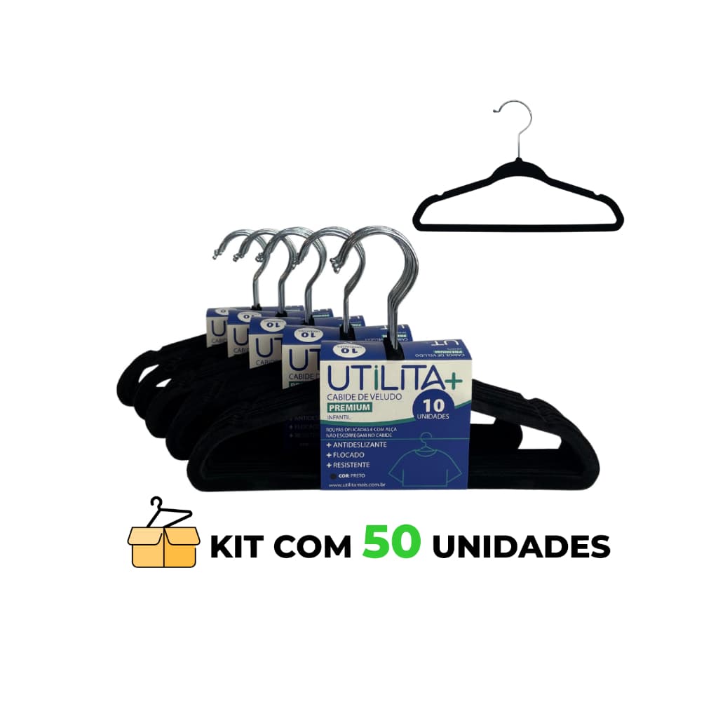 Kit 50 cabides de veludo antideslizante slim preto qualidade premium organizador