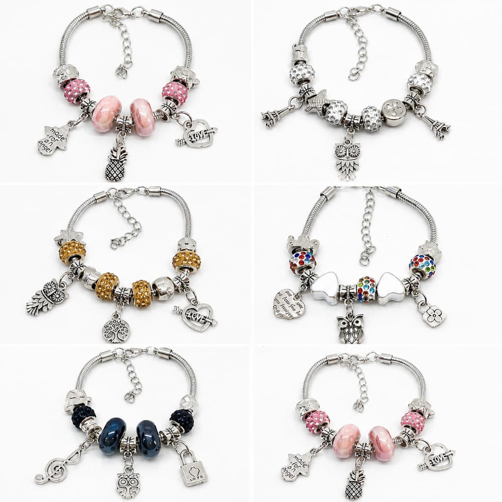 KIT 6  Pulseira  revenda Berloques Prateada, Rose e Dourada Estilo Feminina Presente (Modelo aleatório)