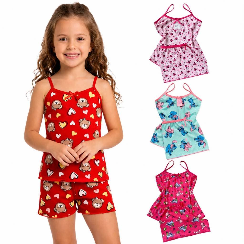 Kit 3 Short Doll Infantil Menina Estampados Pijama Personagens Divertidos Stitch