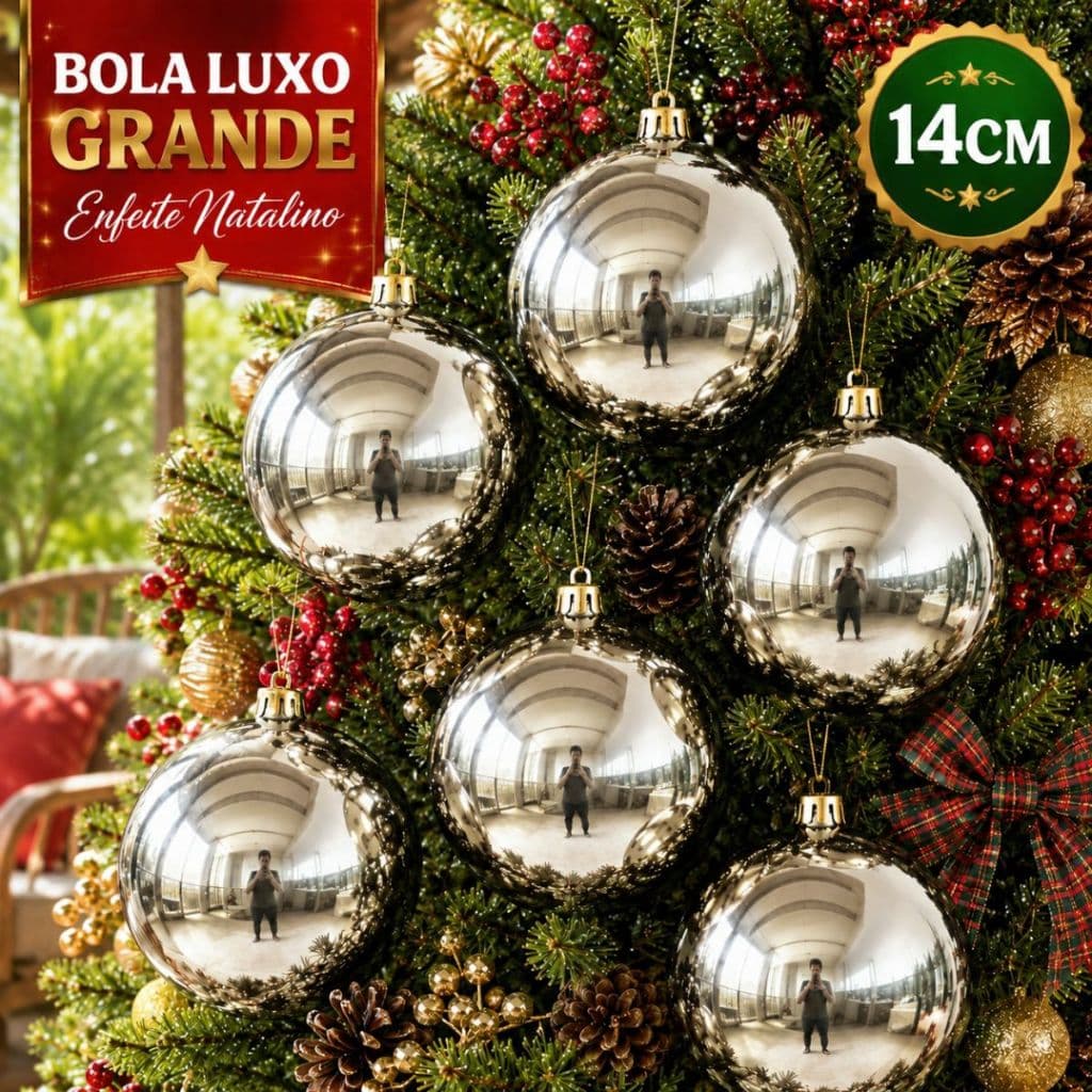 Kit 6 Bolas de Natal Champanhe 14cm Grandes Luxo Premium Brilho Espelhado Enfeites Árvore Natalina