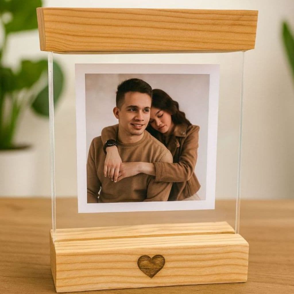 Porta Retrato Base Madeira Vidro Decorativo Duplo Personalizado Presente Romântico Decoração Enfeite
