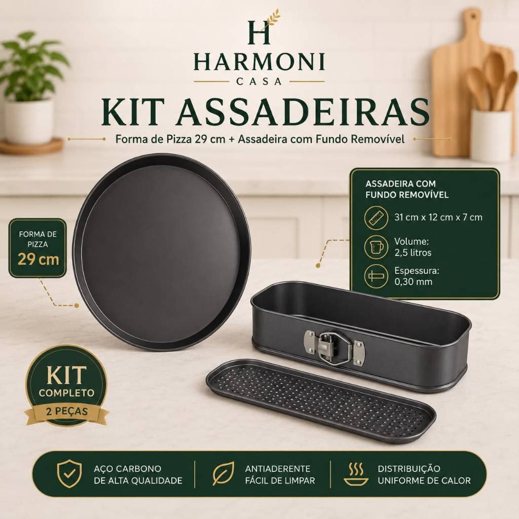 Kit 2 Assadeiras Antiaderentes – Forma de Pizza 29 cm + Assadeira com Fundo Removível | Kit Perfeito | Envio Rápdio