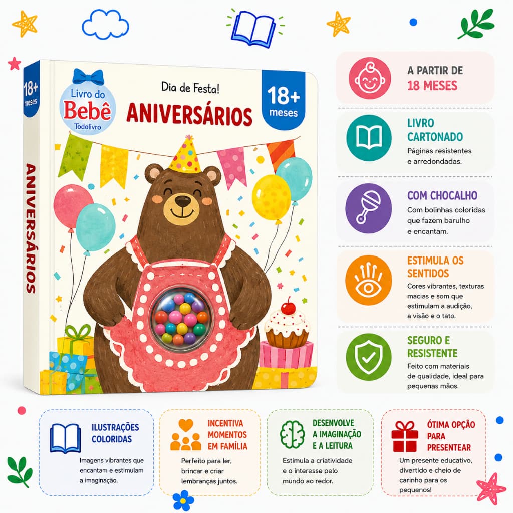 Livro do Bebê Dia de Festa Aniversário com Chocalho | Livro Sensorial Cartonado | Todolivro | 18+ Meses