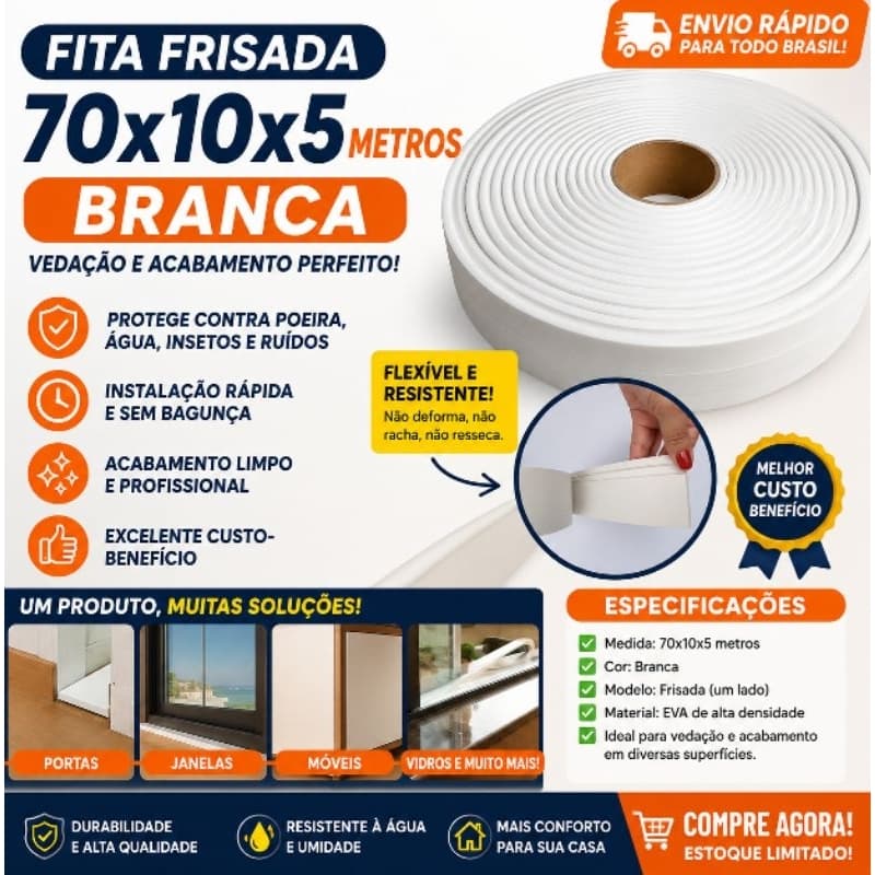 Rodapé de EVA Branco Frisado Autocolante 10mm x 70mm x 5 metros