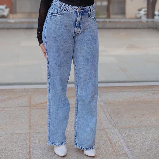 Calça Jeans Feminina Wide Leg Cintura Alta Marmorizada Azul