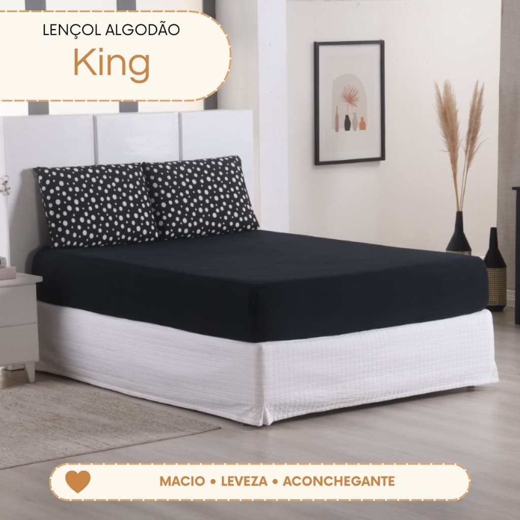 Jogo de Cama Lençol King 3 Peças Malha 100% Algodão Estampa Bolinhas Poá com Elástico Total e 2 Fronhas Macio