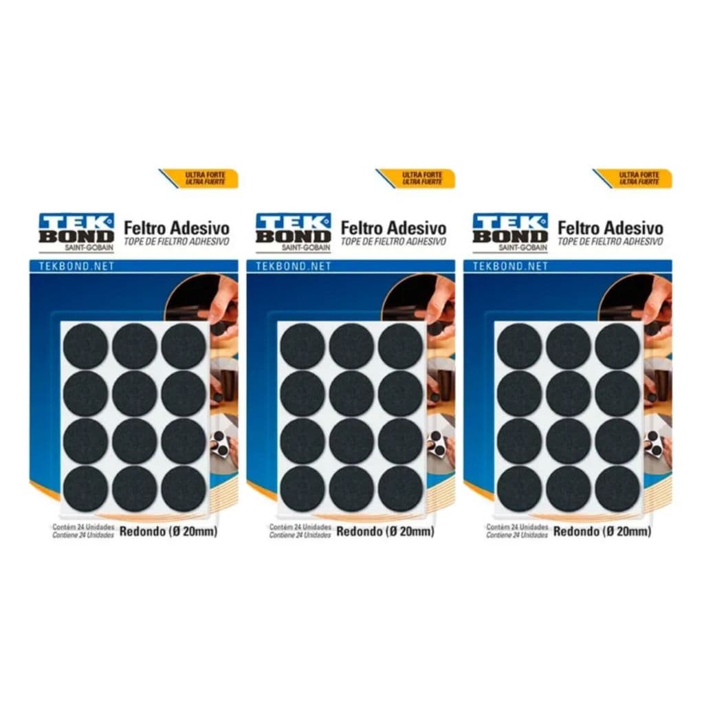 Kit 6 Feltro Adesivo Protetor Preto 20mm 24 Unidades Tekbond Sofá Mesa