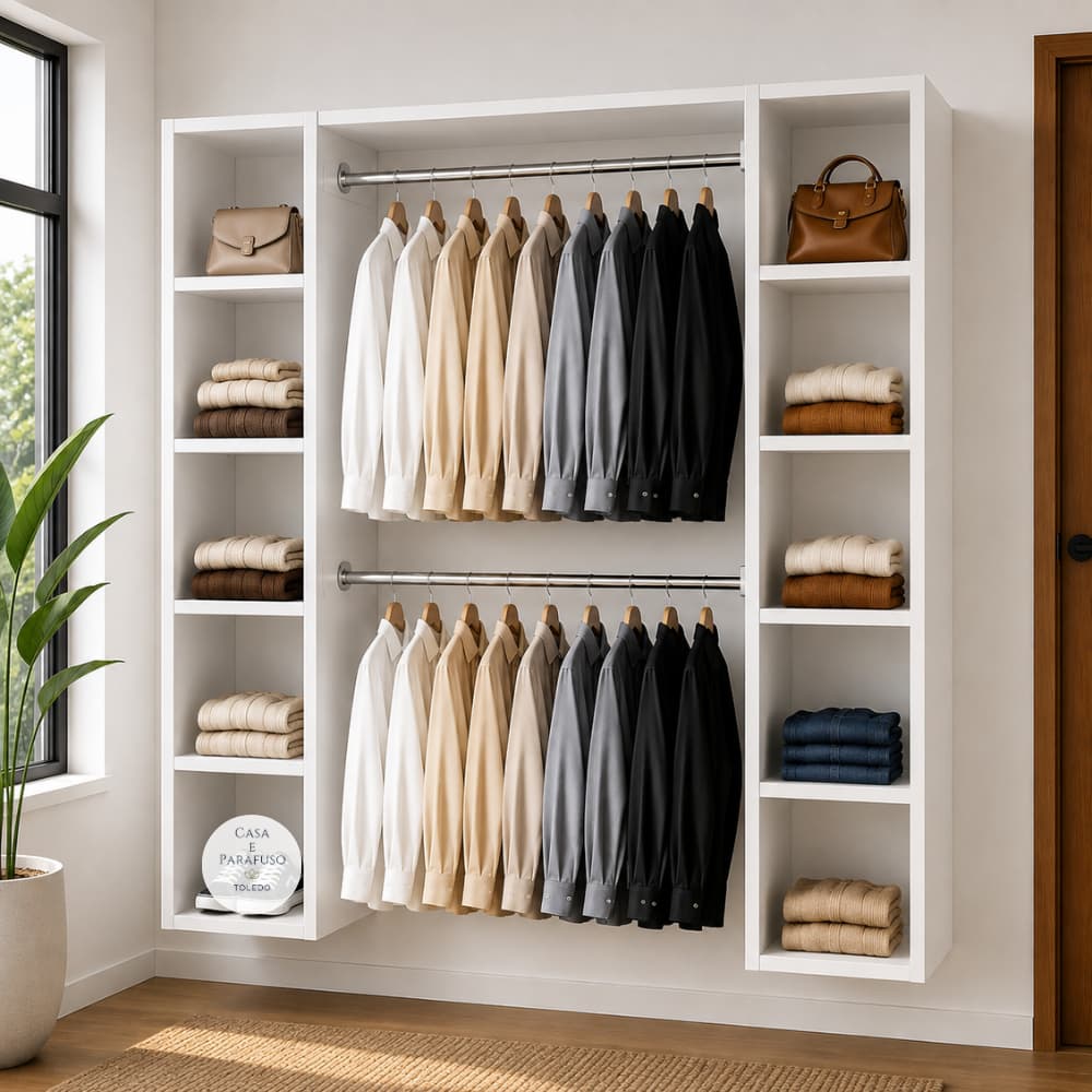 Guarda-Roupa Closet Aberto Suspenso com Cabideiro Duplo e Nichos Organizador- 188