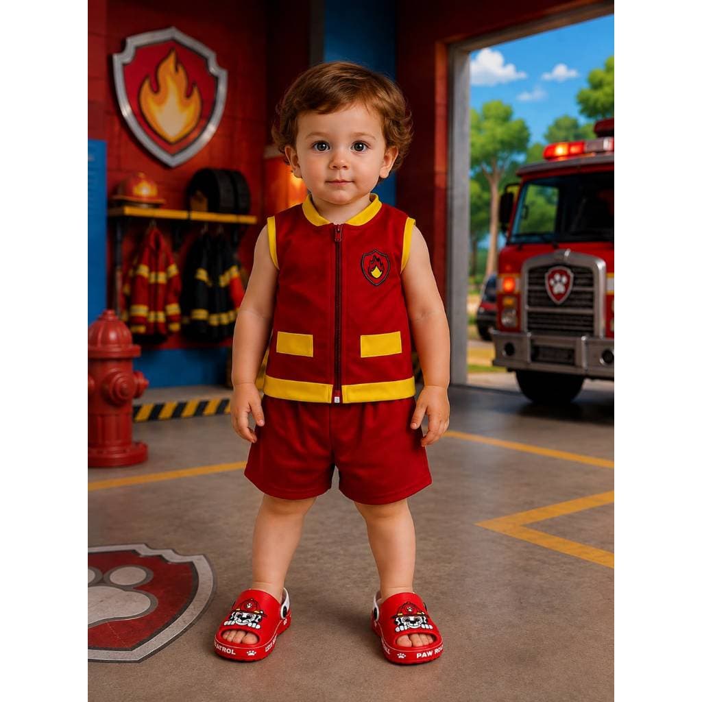 Kit Fantasia Infantil Marshall + Sandália Patrulha Canina Roupa Conjunto Sapato Leve e Confortável Diversão Menino