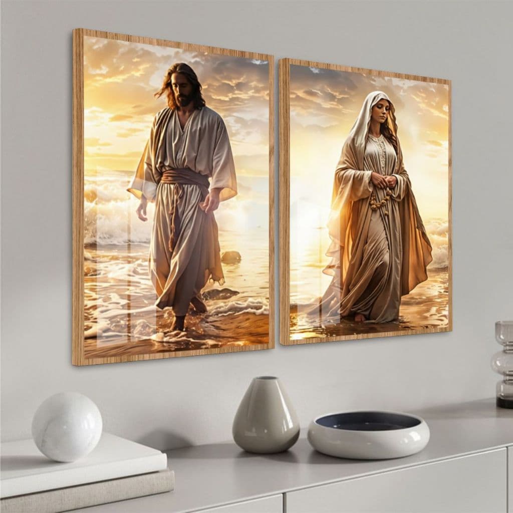 Quadros Religiosos Modernos Jesus Cristo Virgem Maria Caminhando Sobre Beira Do Mar Tons Terrosos