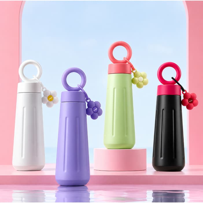 Garrafa Térmica 450ml Inox 304 com Alça Portátil e Pingente Flor | Garrafinha para Água Quente e Fria