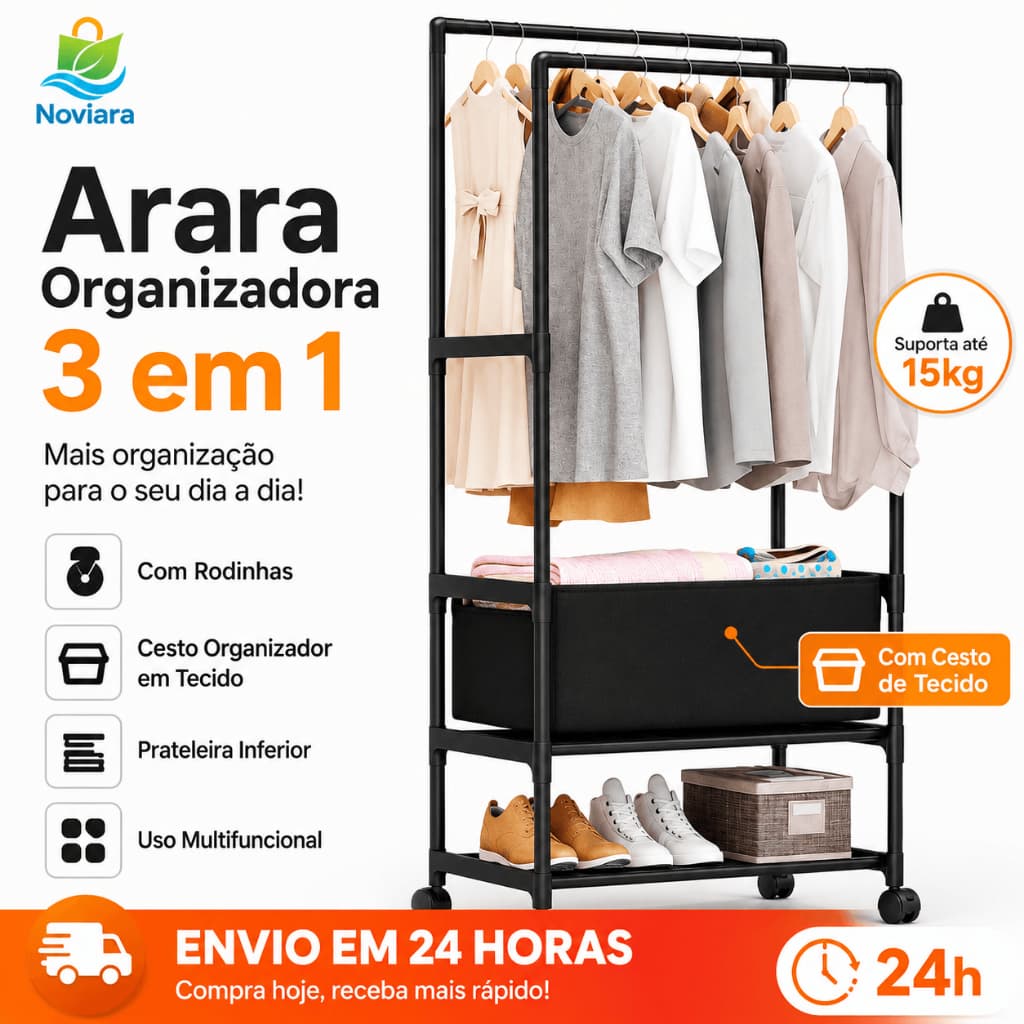 Arara de Roupas com Rodinhas Cabideiro Duplo 3 em 1 com Cesto e Prateleira para Quarto Closet Lavanderia